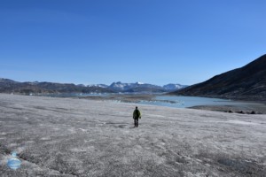 Betrand, uno dei viaggiatori incontrati durante il viaggio in Groenlandia, mentre cammina sulla calotta groenlandese.